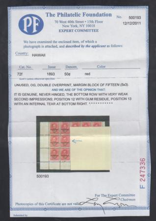 US Possessions - Hawaii 72f Mint F - VF NH Double overprint Type III HPS Cert cv $1,600