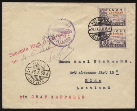 Finland 1930 Baltic Sea Flight to Latvia with Two Zeppelin Stamps