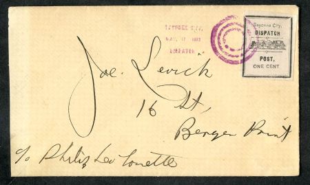 US 9L1 Bayonne City Dispatch VF stamp on VF Cover