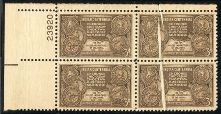 US 972 VF - XF Plate Block 3 cent Indian Centennial Plate Block with pre printing paper fold