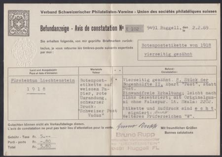 Liechtenstein LBK IAI Vaduz-Sevelen Botenpost with plate variety with Rupp Cert - Rare!