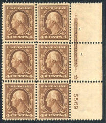 US 377 Washington / Franklin F - VF NH Fresh Plate Block cv $550