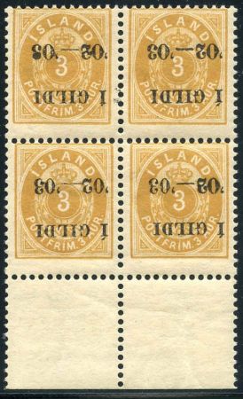 Iceland 49b Faat 49v Ave - F NH Block with inverted ovpt on all four stamps