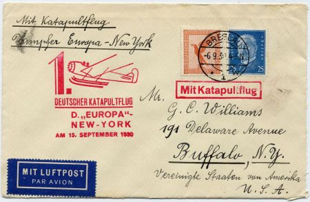 Germany 1930 Catapult Cover Europa - NY (Sep 6)