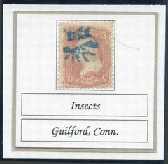 US 65 Early Classics Fancy Cancel F Used Guilford, CT INsects in blue sound stamp