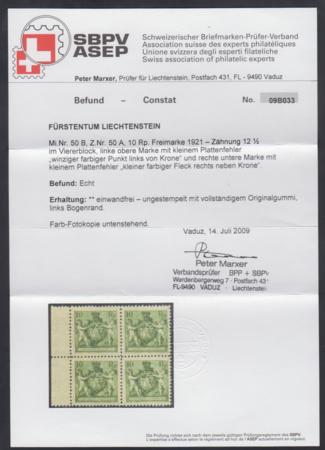 Liechtenstein 59a VF - XF NH 2 plate flaws UL and LR Block of 4 marxer cert