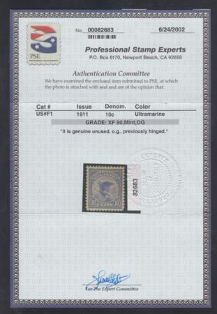US F1 Registration Stamp XF Mint LH Large Margins PSE XF 90 Cert Fresh! cv $100 as 90