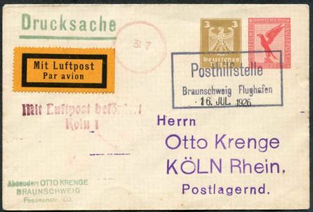 Germany 1926 Brunwick - Cologne Airmail Cover