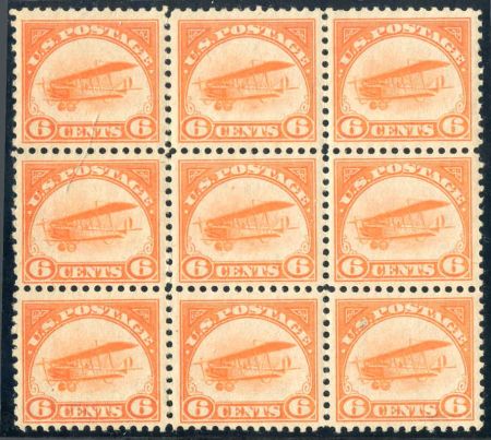 US C1 Airmails VF - XF Unused NH Block of 9, Glazed Gum from Mount cv $495+ as H