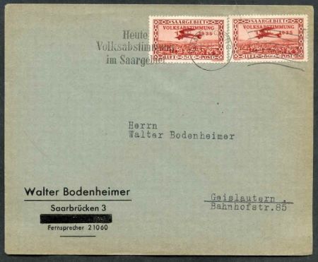 Saar 1935 C5 (x2) on cover to Geislautern, Germany