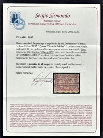 Canada 62 F - VF Used Sismondo Cert, Roller cancel cv $600.00