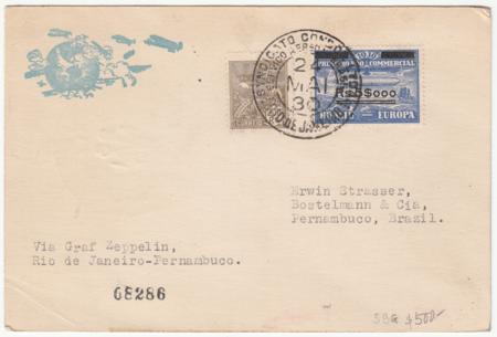 Brazil 1930 Zeppelin Flight Card with 500Rs on 20,000