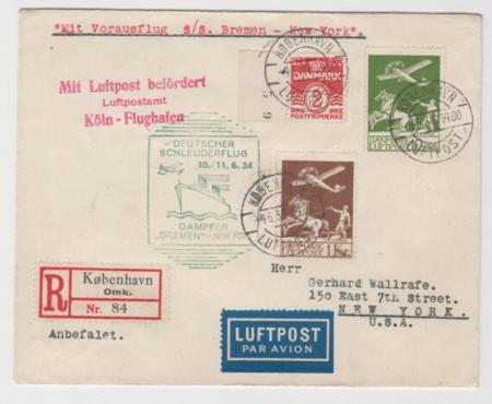 Denmark 1934 Catapult Cover, Bremen - New York. K183