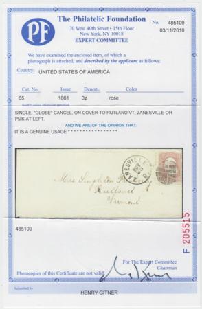 US 65 Early Classics Zanesville, OH Globe Fancy Cancel to Rutland, VA Superb Strike