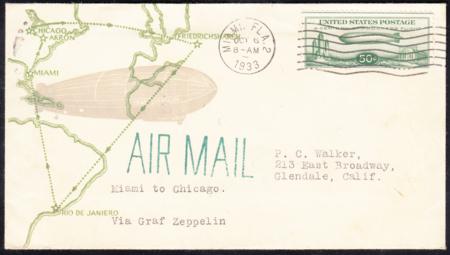 US 1933 C18 FDC Miami, FL with Green and Gray Linprint Cachet