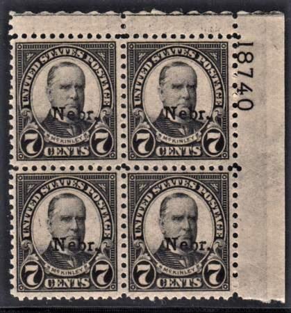 US 676 Mint NH VF Nebraska Overprint Plate Block Pristine # 18740 UR cv $500