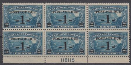 Canal Zone J1 Possessions NH F-VF Plate # Block