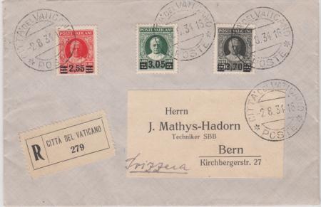 Vatican 38-40 1st Printing on VF Aug 2, 1934 Registered Cover + Bern, Switzerland Properly Backstamped Over-Franked