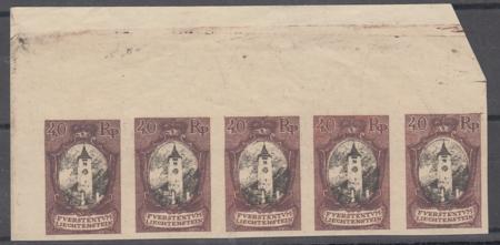 Liechtenstein 67 No Gum As Issued VF Corner Strip of 5 Color Proof Brown and Black of 40 RP