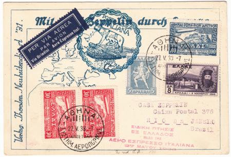 Greece 1933 Registered Italy Flight Zeppelin Card Sent to Rio