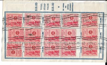 US PS11 Savings Stamps Page from $20 Booklet with 15 stamps on each side - Cleveland, OH roller cancel