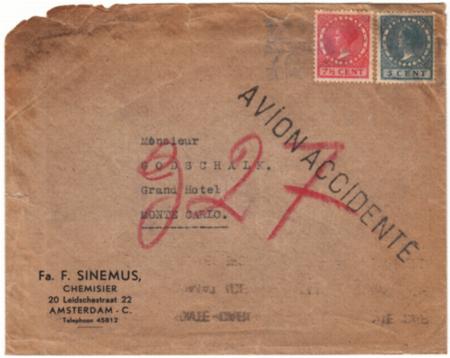 Netherlands / Belgium 1937 Early Arirmail Flight Crash to Monaco