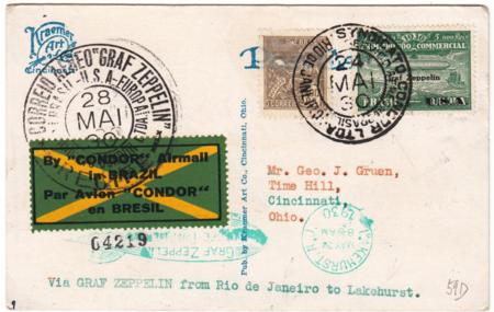 Brazil 1930 Zeppelin Card to USA with Rotated date in Cancel