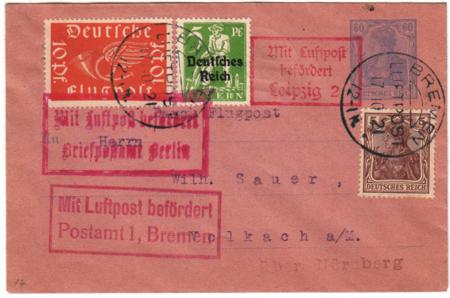 Germany 1921 Early Airmail on Small Sized Postal Cover from Bremen