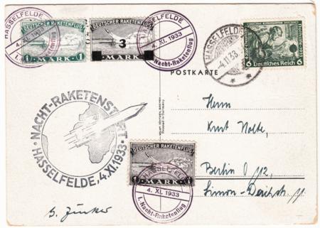 Germany 1933 Rocket Flown Card, Hasselfeld Night Flight, Signed Zenker