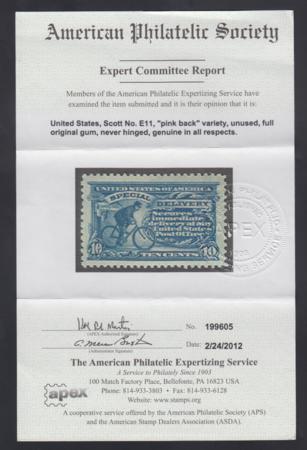 US E11 Special Delivery VF - XF NH Dark Ultramarine - Pink Back APS Cert. cv $450
