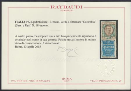 Italy 89d VF - XF Mint NH "Grafofono Columbia" Amazingly Mint and Fresh! cv 1,800