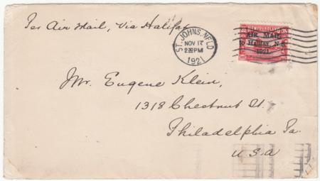 Newfoundland 1921 Airmail Cover with C3B Sent to Eugene Klein (Pres. APS)