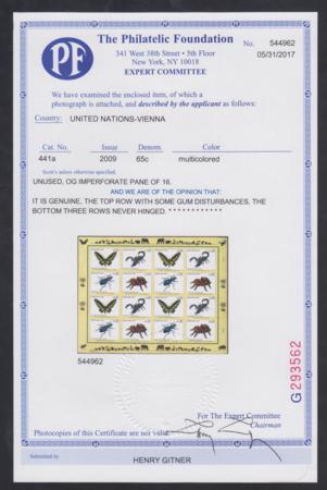 UN Personalized Sheets Vienna 441a Variety XF Mint LH/NH Imperf Sheet w/ PFC, 2009 Vienna Sheet