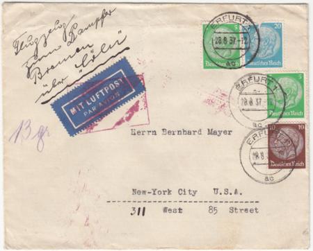 Germany 1937 Bremen Cover with Connecting Flight Cachet on Reverse