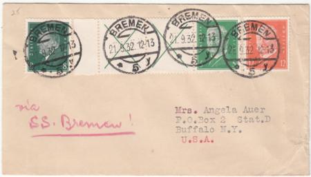 Germany 1932 Small Sized Bremen Cover Sent to Buffalo NY