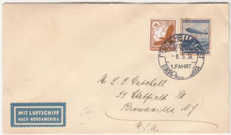 Germany 1936 1st  Hindenburg North America with On Board Cancel, to NY