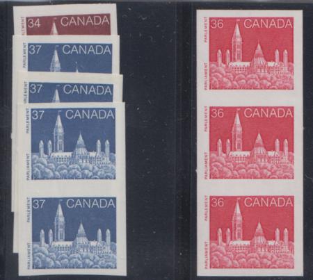 Canada 952a-3a, 1194d, XF NH 4 Vertical Imperf Pairs and 1 Strip of 3 cv $985