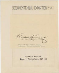 US c1926 Cut Signature of Mayor of Philly, W. Freeland Kendrik (627)