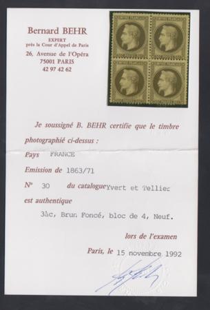 France 34a Ave - F Hinged Cert BEHR - Dark Brown cv $5,750