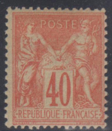 France 95b Fine Mint Hinged Pale Orange Red on Straw cv $90
