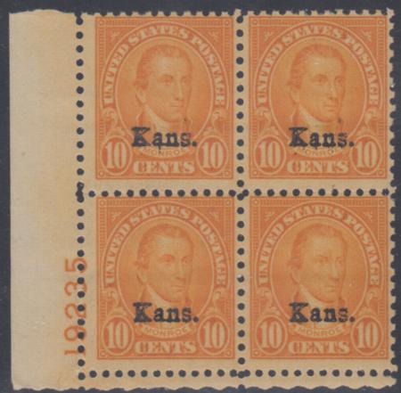 US 667 F - VF Mint NH Kansas Overprint Plate Block 19235 LL cv $525