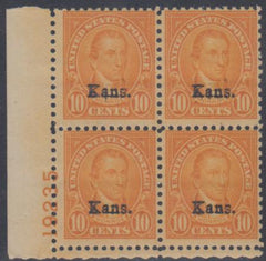 US 667 F - VF Mint NH Kansas Overprint Plate Block 19235 LL cv $525