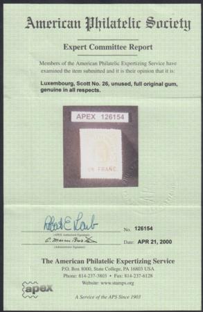 Luxembourg 26 NH with APS Cert cv $875 for Hinged
