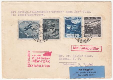Liechtenstein 1930 Bremen Catapult Flight Cover to Bahamas