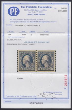 US 394 Washington / Franklin XF - Sup Mint Very LH Pair, PF Cert, Spectacular! cv as 95 $325