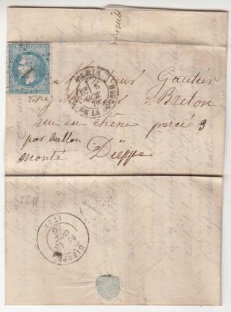 France Ballon Monte . Le "Armand Barbes" VF Paris cancel, sent to Dieppe