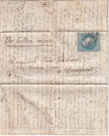 France Ballon Monte . Le "Washington" VF  letter sent to Domfront