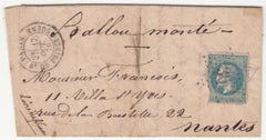 France Ballon Monte . Le "Victor Hugo"  Paris to Nantes  Nantes (Oct 22, 1870 backstamp), carried 440 kg of mail, stamp faulty. (BM15 450 )