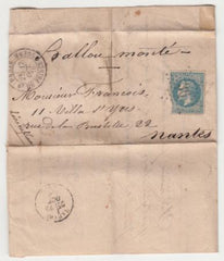 France Ballon Monte . Le "Victor Hugo"  Paris to Nantes  Nantes (Oct 22, 1870 backstamp), carried 440 kg of mail, stamp faulty. (BM15 450 )