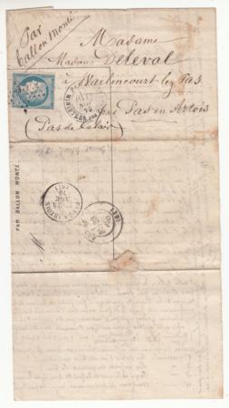 France Ballon Monte: Le "General Uhrich" VF complete folded letter on Ballon Monte  Paris cancel,Pas-en-Artois backstamp